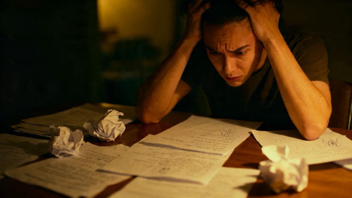 Verwirrte Person sitzt am Tisch, umgeben von Papieren.