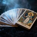 Tarotkarten auf dunklem Hintergrund mit mystischem Licht.