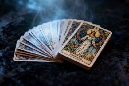 Tarotkarten auf dunklem Hintergrund mit mystischem Licht.