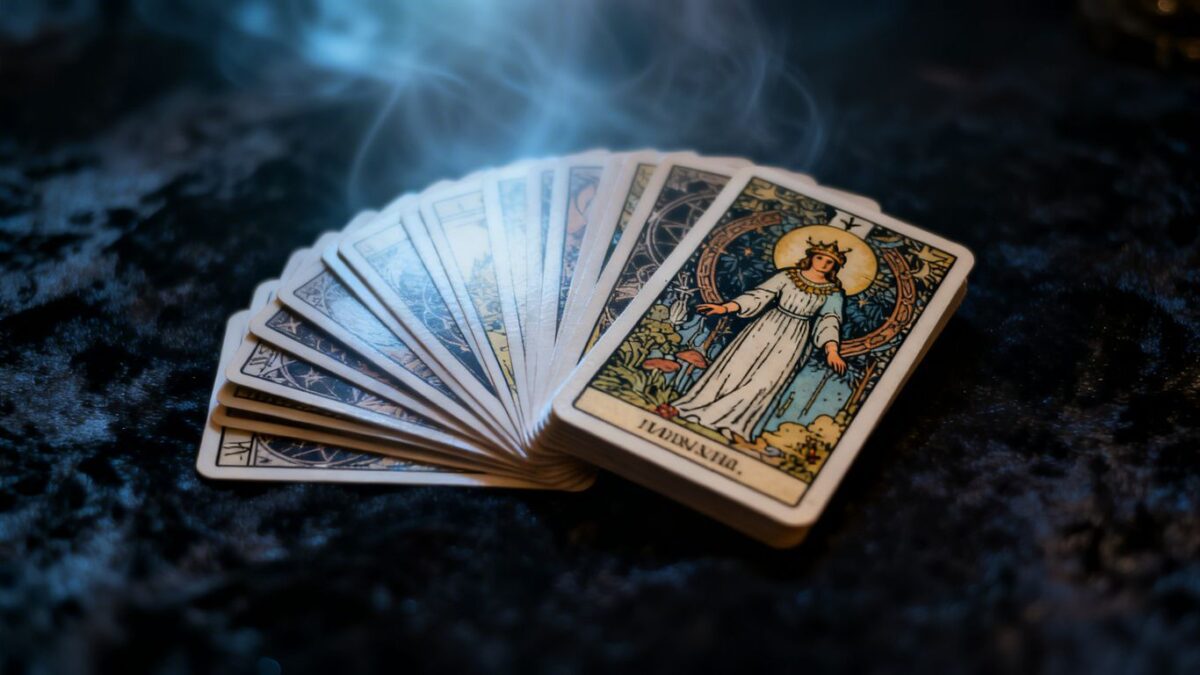 Tarotkarten auf dunklem Hintergrund mit mystischem Licht.