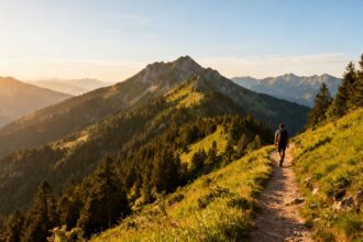 Wanderer auf einem Bergpfad mit Wäldern und Gipfeln.