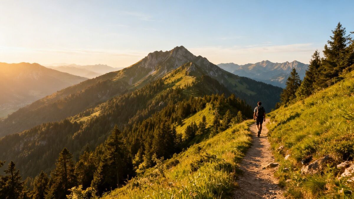 Wanderer auf einem Bergpfad mit Wäldern und Gipfeln.