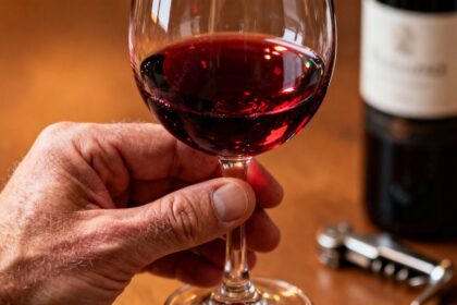 Glas Rotwein mit Flasche und Korkenzieher