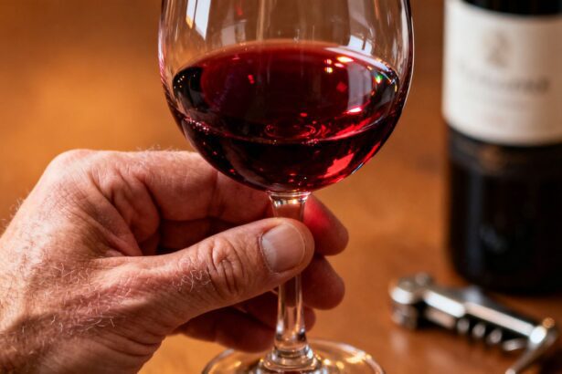 Glas Rotwein mit Flasche und Korkenzieher