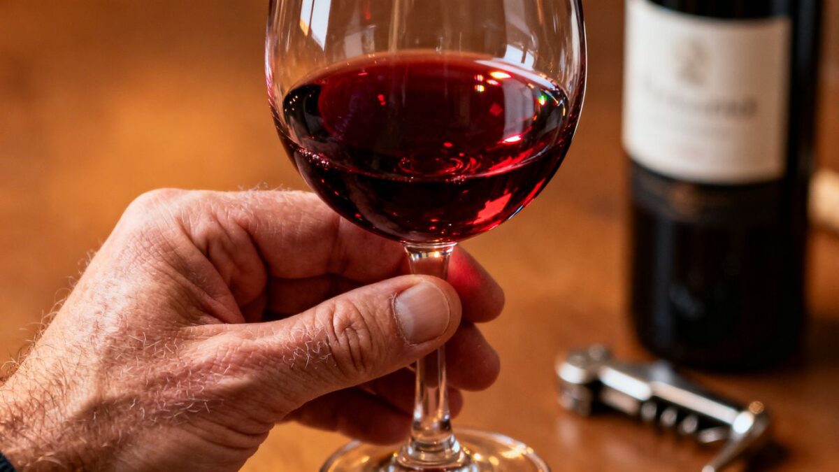 Glas Rotwein mit Flasche und Korkenzieher