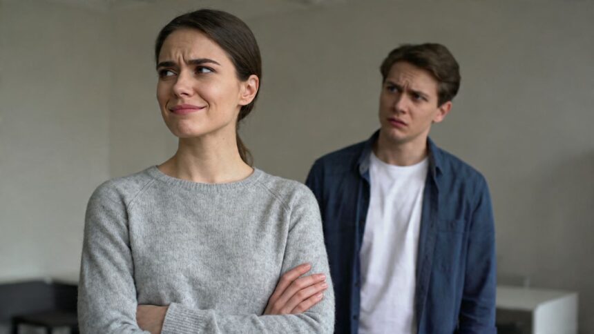 Person mit verschränkten Armen und genervtem Gesichtsausdruck.