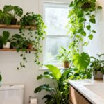 Badezimmer mit grünen Pflanzen bei wenig Licht