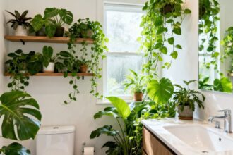 Badezimmer mit grünen Pflanzen bei wenig Licht