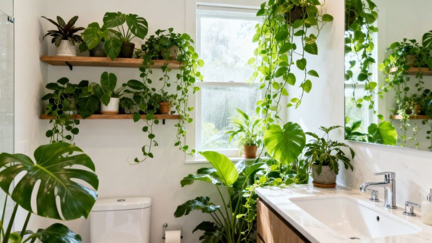 Badezimmer mit grünen Pflanzen bei wenig Licht