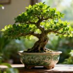 Gesunder Bonsai-Baum in dekorativem Topf mit grünen Blättern