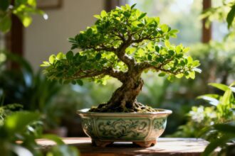 Gesunder Bonsai-Baum in dekorativem Topf mit grünen Blättern