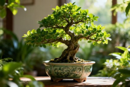 Gesunder Bonsai-Baum in dekorativem Topf mit grünen Blättern
