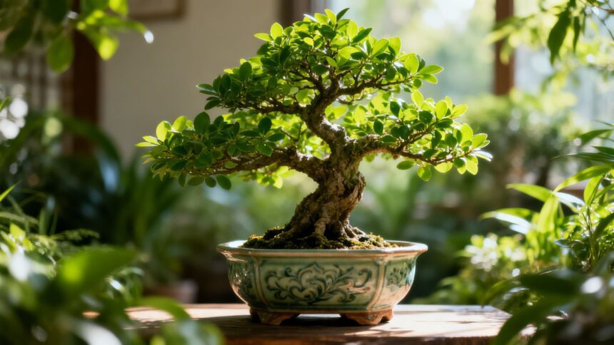Gesunder Bonsai-Baum in dekorativem Topf mit grünen Blättern