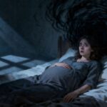 Schwangere Frau hat Albträume im Bett
