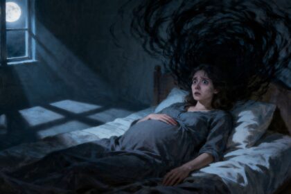 Schwangere Frau hat Albträume im Bett