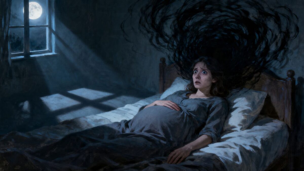 Schwangere Frau hat Albträume im Bett