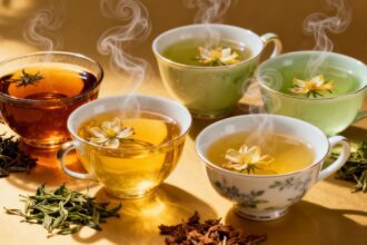 Verschiedene Teesorten in Tassen und lose Teeblätter.