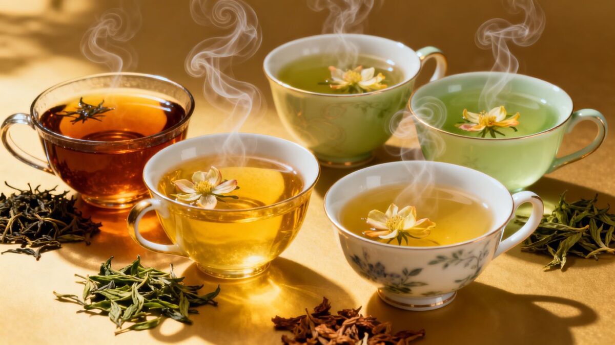 Verschiedene Teesorten in Tassen und lose Teeblätter.