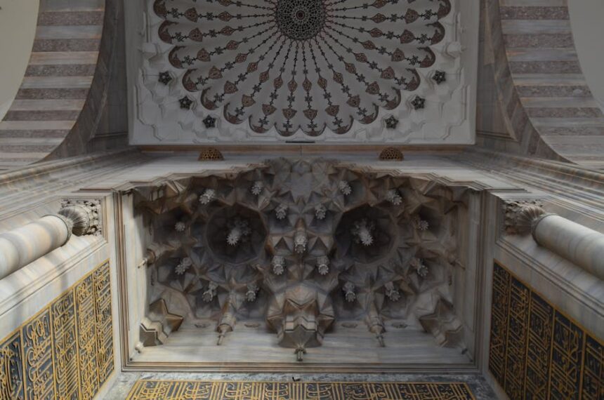 Detailed view of the ornate ceiling in Suleymaniye Mosque, Istanbul.