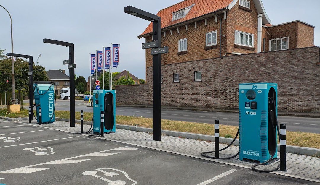 Electric car charging stations in a parking lot.