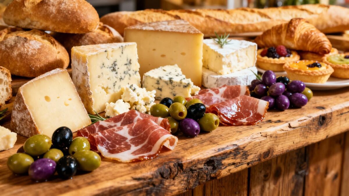 Feinkostladen mit Käse, Wurst und Oliven