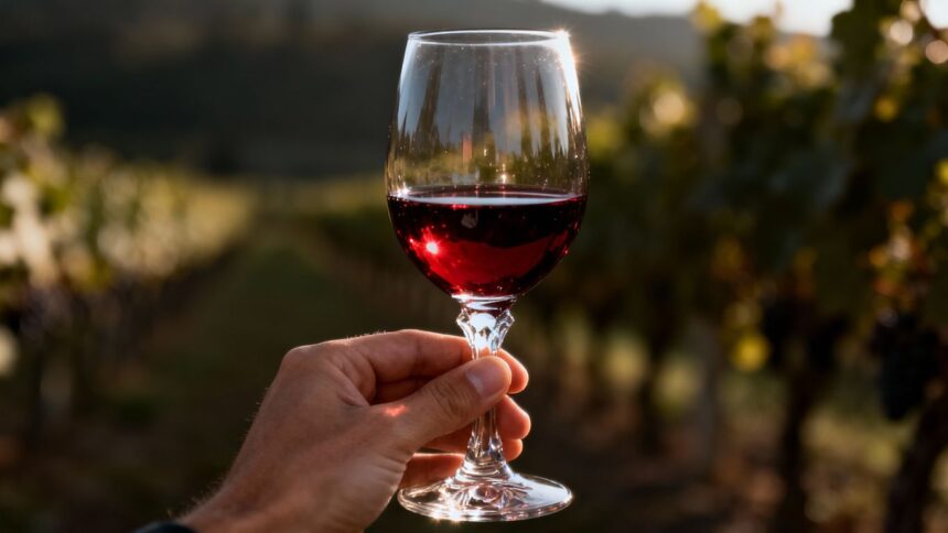 Glas Rotwein in Hand vor Weinberg