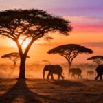 Savanne bei Sonnenuntergang mit Elefanten und Akazienbäumen.