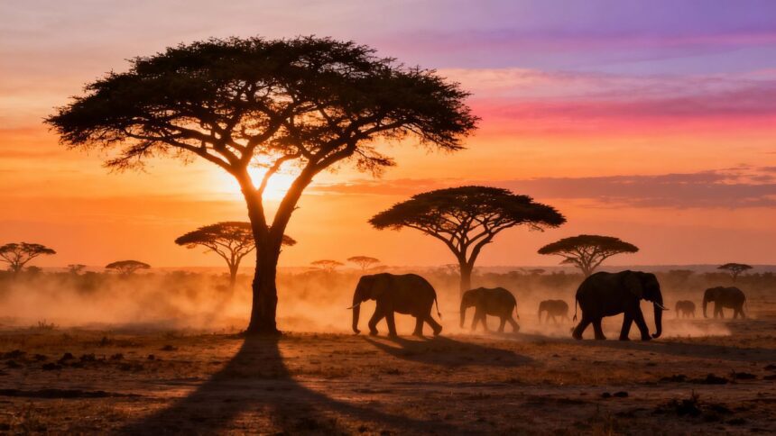 Savanne bei Sonnenuntergang mit Elefanten und Akazienbäumen.