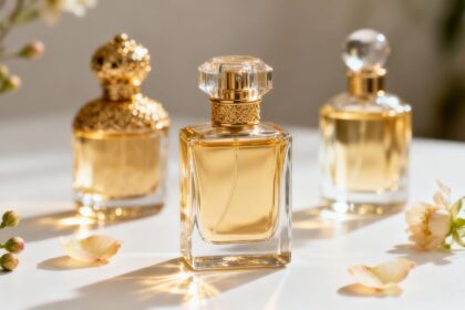 Parfümflaschen und Blumen auf hellem Hintergrund