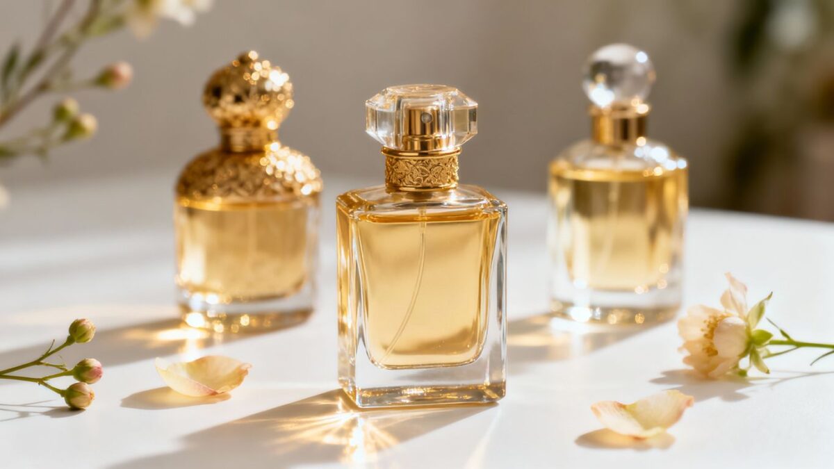 Parfümflaschen und Blumen auf hellem Hintergrund