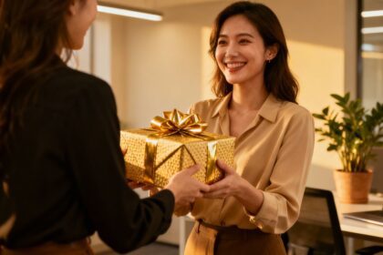 Geschenk für Kollegin überreichen