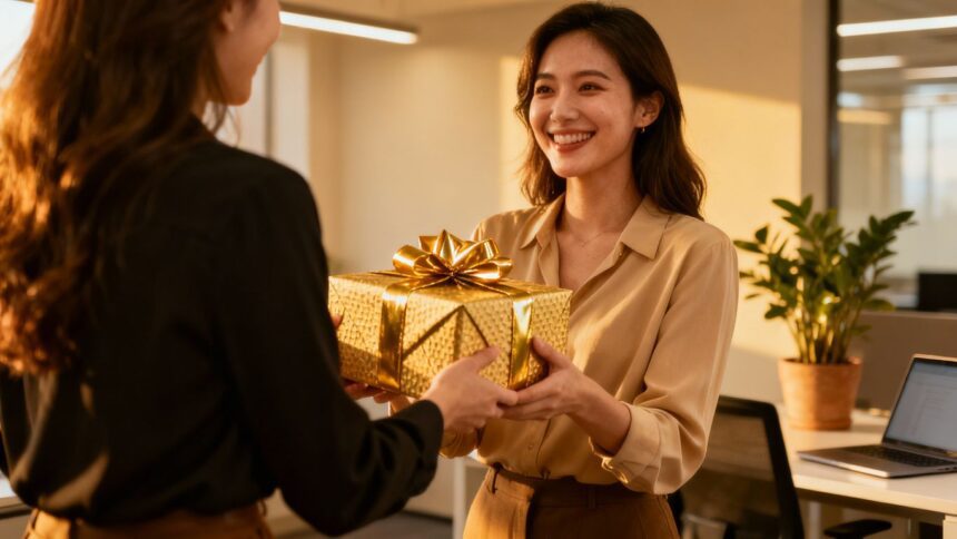 Geschenk für Kollegin überreichen