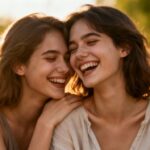 Zwei Freundinnen lachen zusammen im Freien bei Sonnenschein.