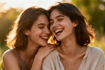 Zwei Freundinnen lachen zusammen im Freien bei Sonnenschein.