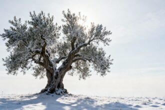 Olivenbaum im Winter mit Frost und Schnee