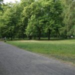 A winding path leads through a green park.
