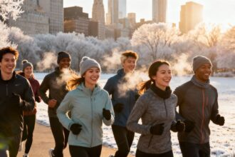 Gruppe joggender Menschen im Winter am Neujahrsmorgen