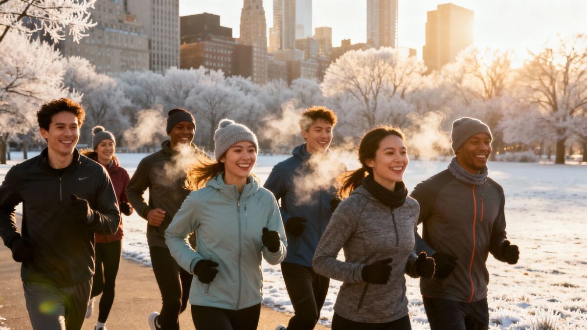 Gruppe joggender Menschen im Winter am Neujahrsmorgen