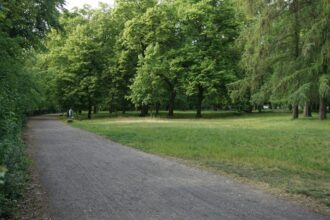 A winding path leads through a green park.