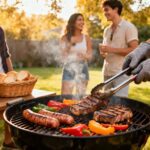 Freunde grillen Fleisch und Gemüse im Garten im Sommer.
