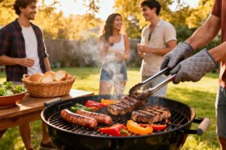 Freunde grillen Fleisch und Gemüse im Garten im Sommer.