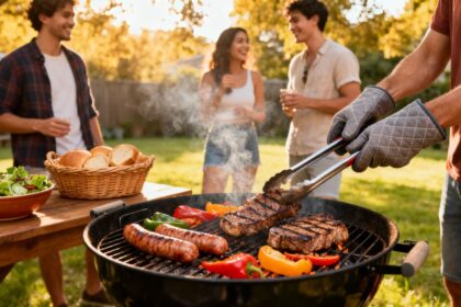 Freunde grillen Fleisch und Gemüse im Garten im Sommer.