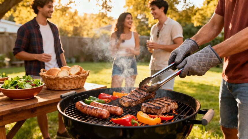 Freunde grillen Fleisch und Gemüse im Garten im Sommer.
