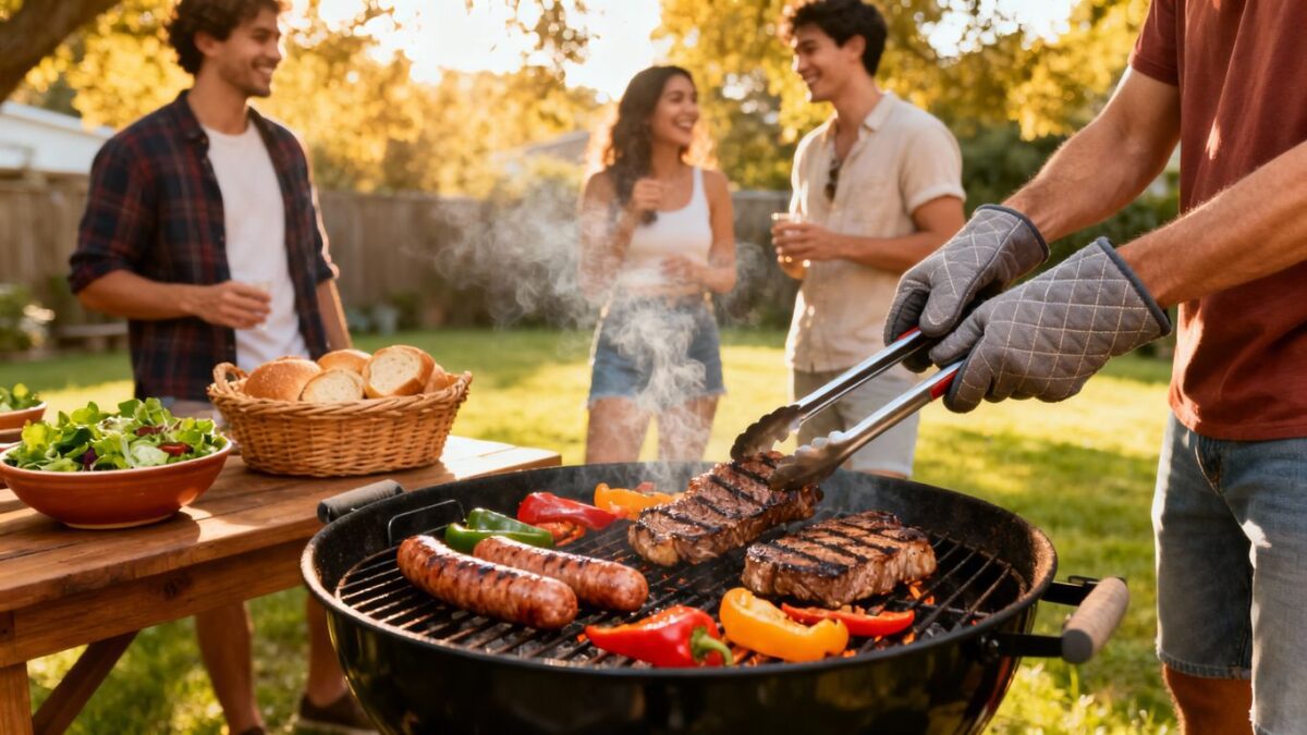 Freunde grillen Fleisch und Gemüse im Garten im Sommer.