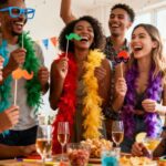 Erwachsene lachen bei einer ausgelassenen Party mit bunten Requisiten.
