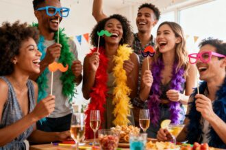 Erwachsene lachen bei einer ausgelassenen Party mit bunten Requisiten.