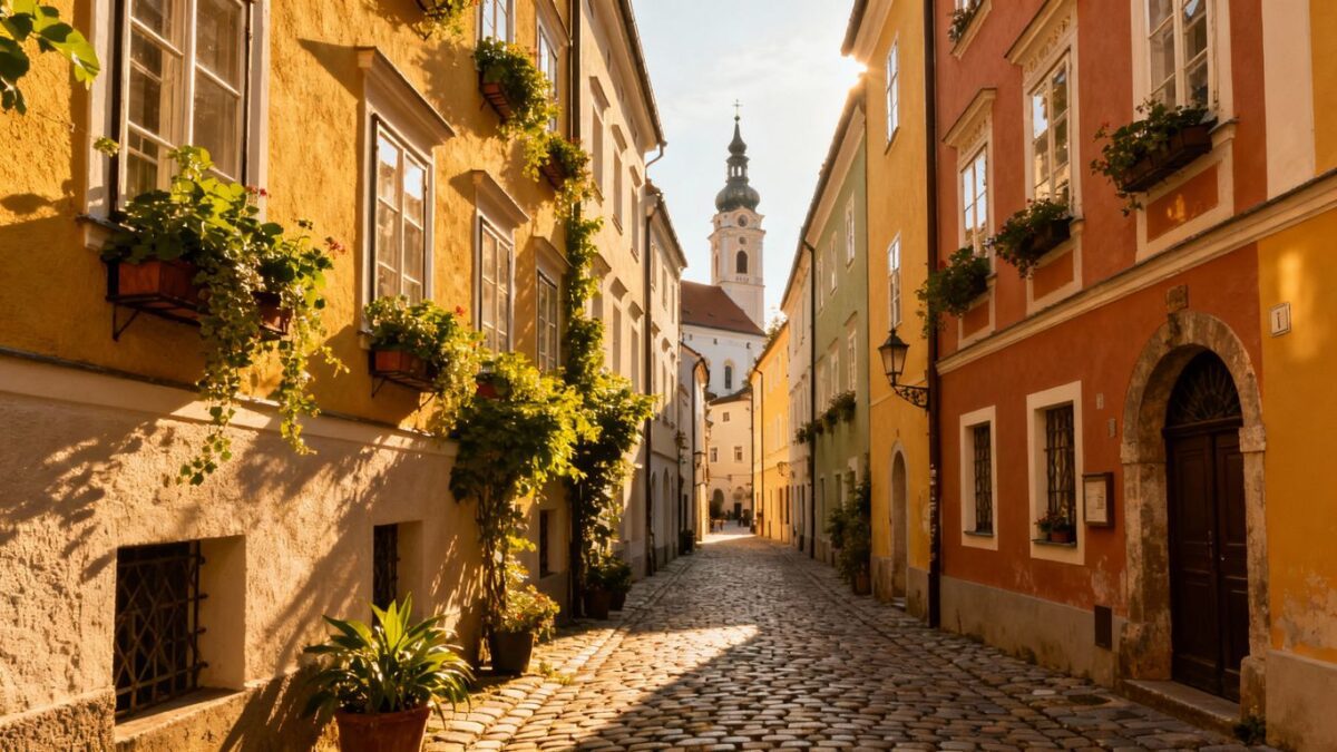 Versteckte Gasse in Passau mit bunten Häusern