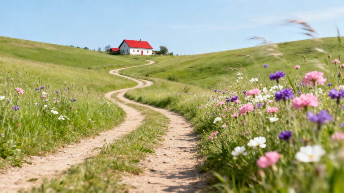 Idyllische Landschaft im Münsterland mit Hügeln und Blumen.